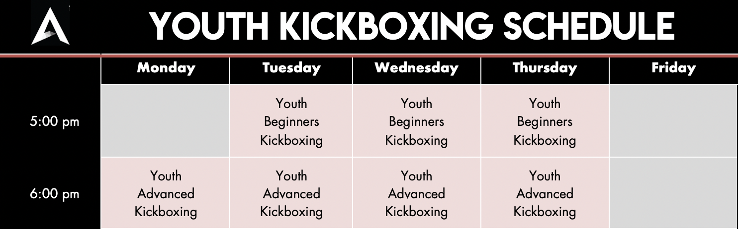 Youth Kickboxing Schedule